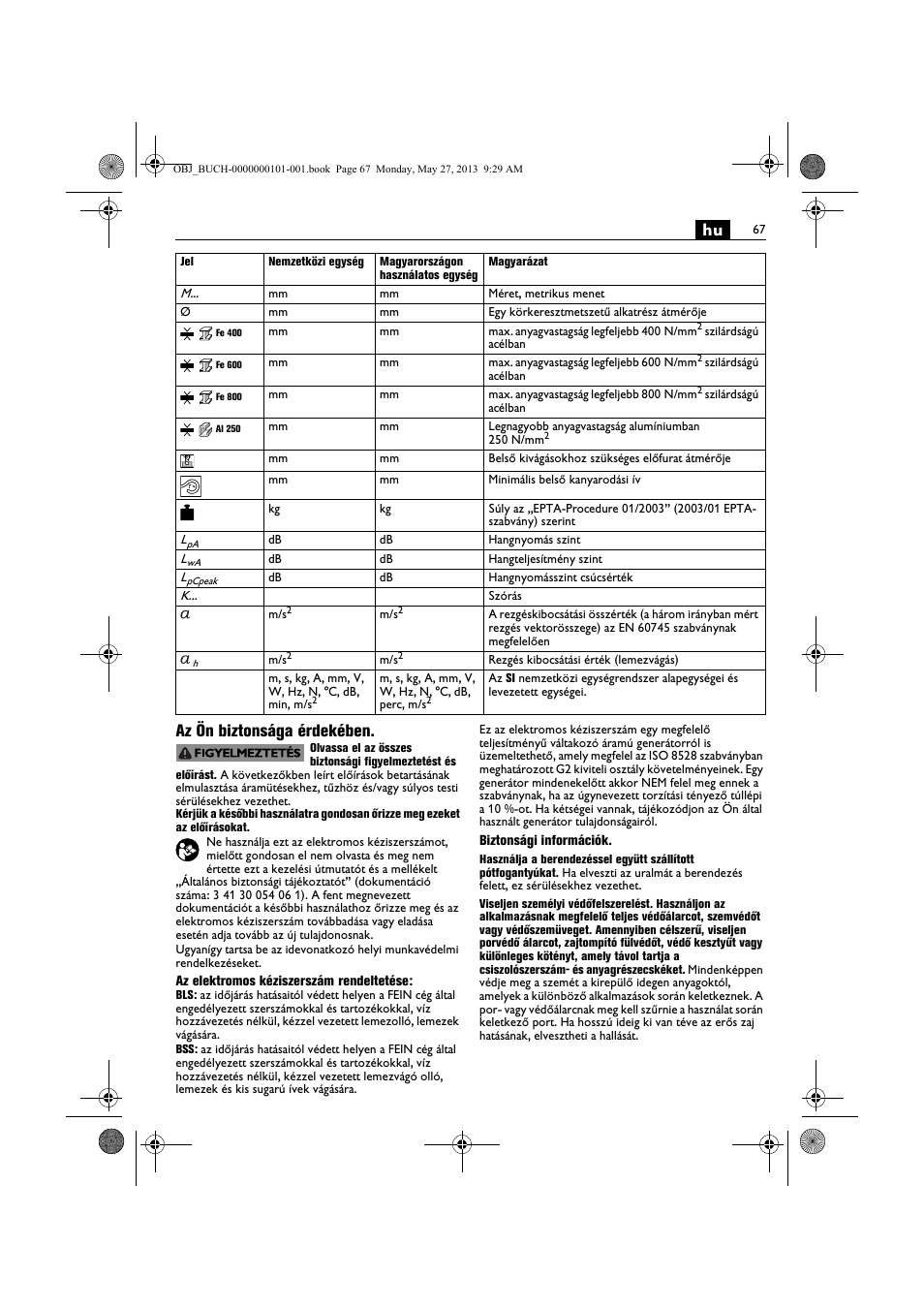 Hu az ön biztonsága érdekében | Fein BSS 2.0E User Manual | Page 67 / 138