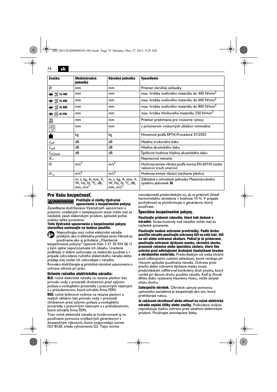 Sk pre vašu bezpečnosť | Fein BSS 2.0E User Manual | Page 74 / 138