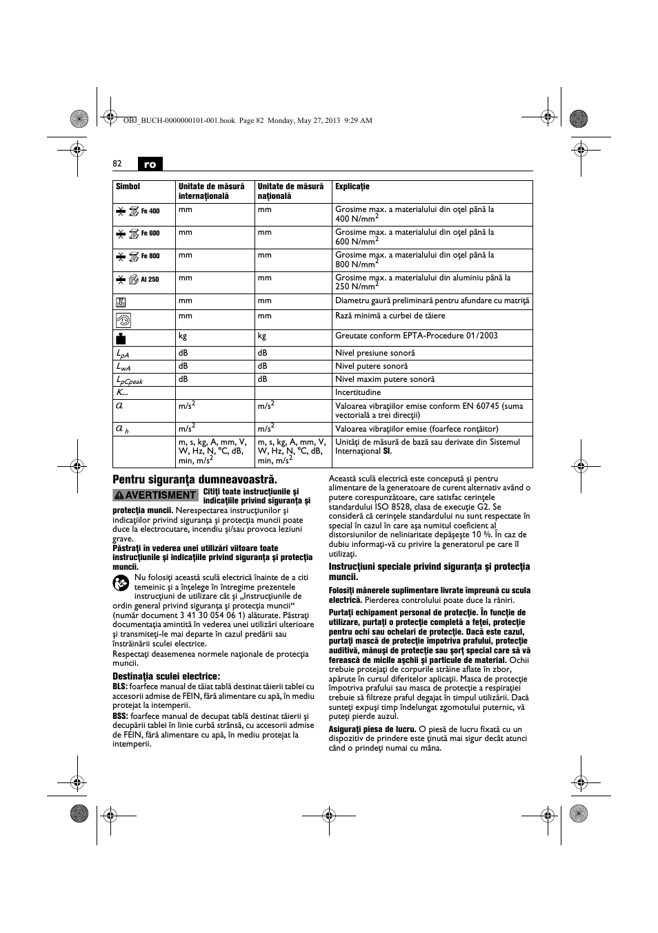 Ro pentru siguranţa dumneavoastră | Fein BSS 2.0E User Manual | Page 82 / 138