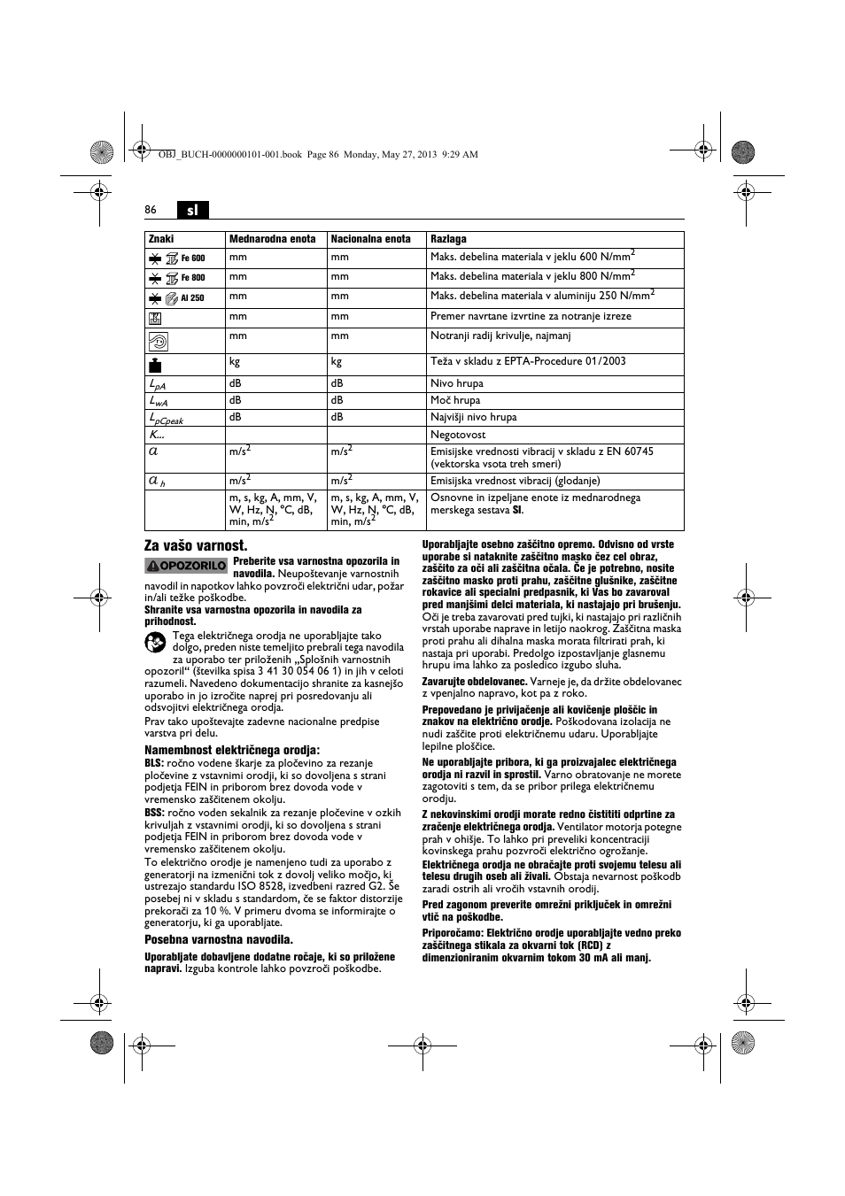 Sl za vašo varnost | Fein BSS 2.0E User Manual | Page 86 / 138