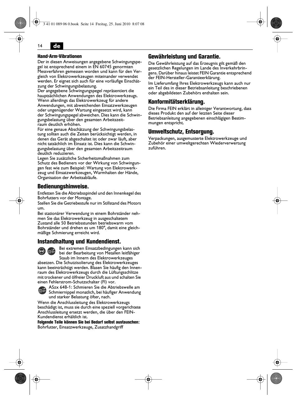 Bedienungshinweise, Instandhaltung und kundendienst, Gewährleistung und garantie | Konformitätserklärung, Umweltschutz, entsorgung | Fein ASzx-648-1 User Manual | Page 14 / 65