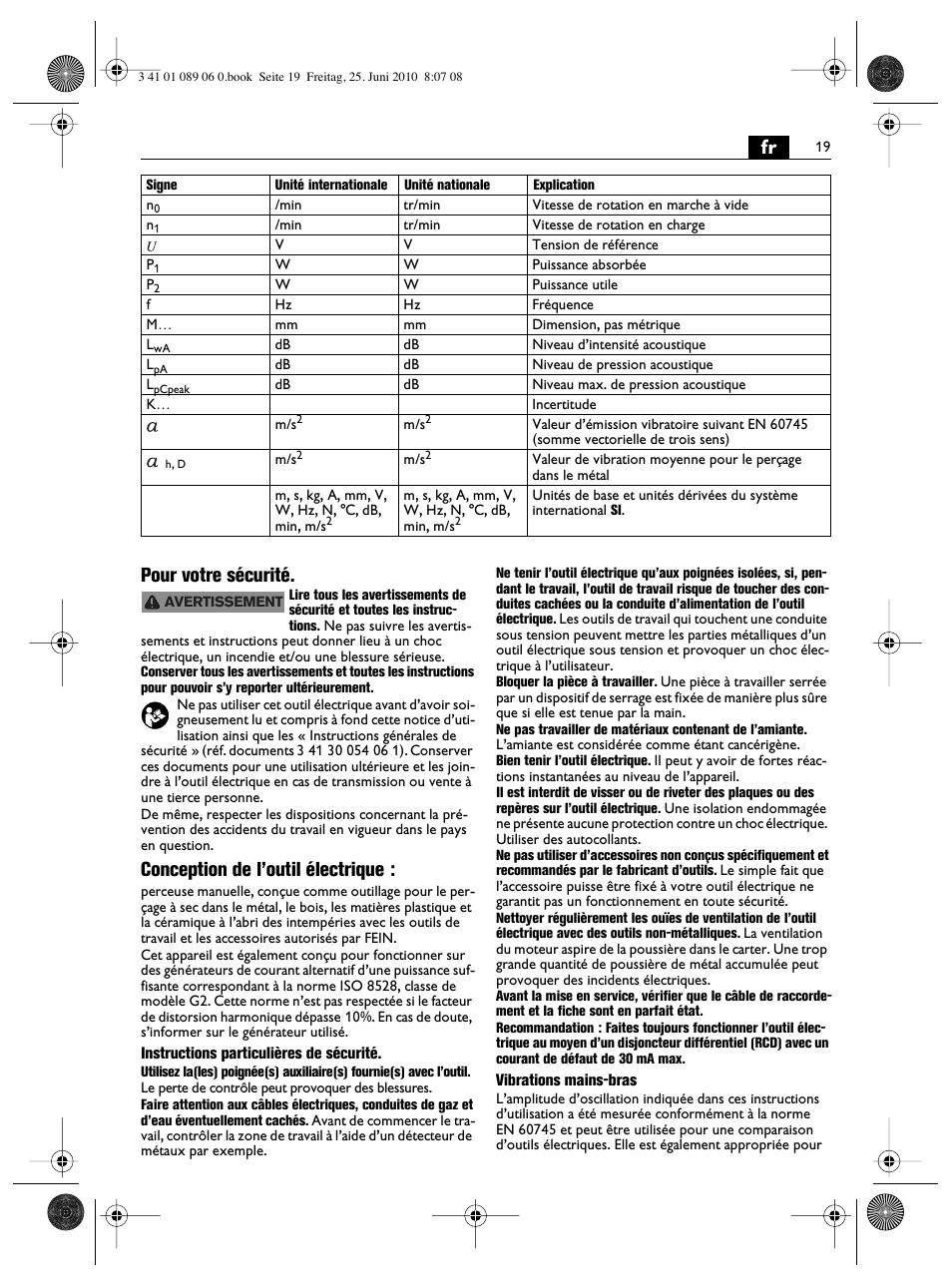 Fr pour votre sécurité, Conception de l’outil électrique | Fein ASzx-648-1 User Manual | Page 19 / 65