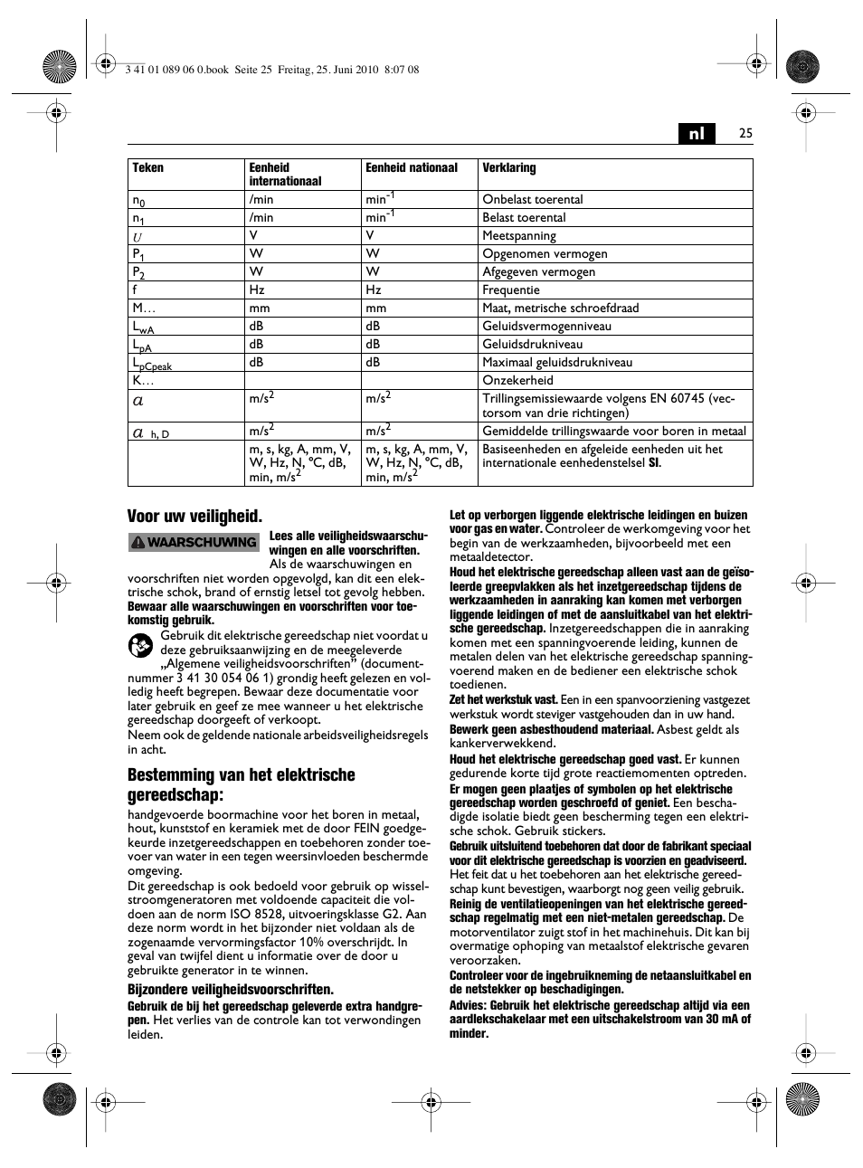 Nl voor uw veiligheid, Bestemming van het elektrische gereedschap | Fein ASzx-648-1 User Manual | Page 25 / 65