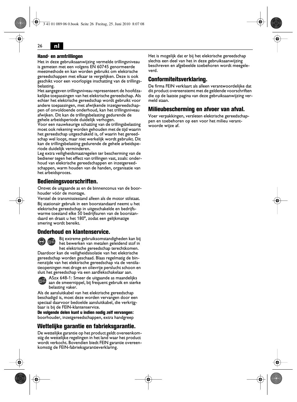 Bedieningsvoorschriften, Onderhoud en klantenservice, Wettelijke garantie en fabrieksgarantie | Conformiteitsverklaring, Milieubescherming en afvoer van afval | Fein ASzx-648-1 User Manual | Page 26 / 65
