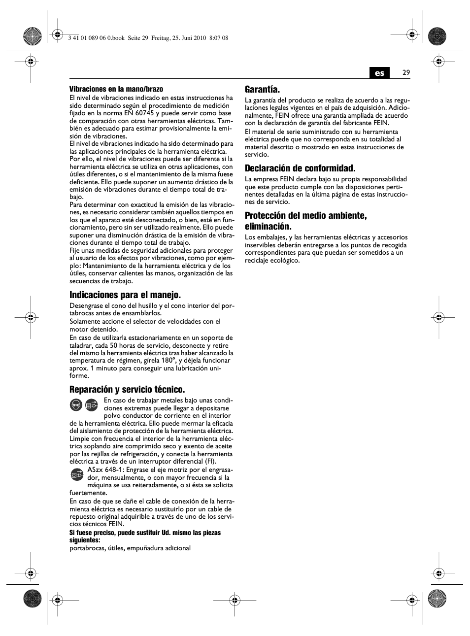 Indicaciones para el manejo, Reparación y servicio técnico, Garantía | Declaración de conformidad, Protección del medio ambiente, eliminación | Fein ASzx-648-1 User Manual | Page 29 / 65