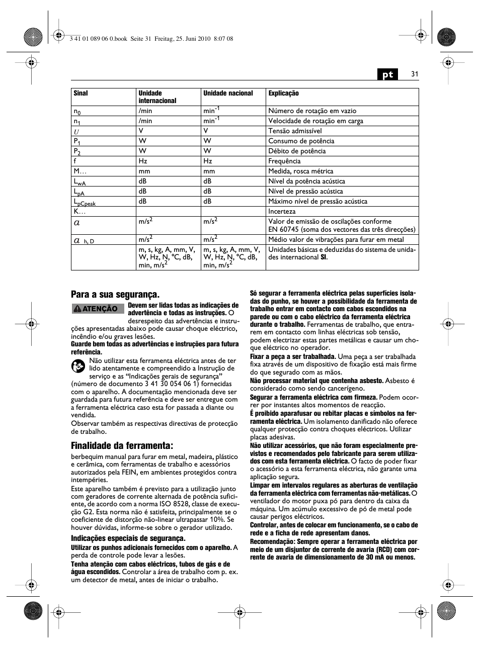 Pt para a sua segurança, Finalidade da ferramenta | Fein ASzx-648-1 User Manual | Page 31 / 65