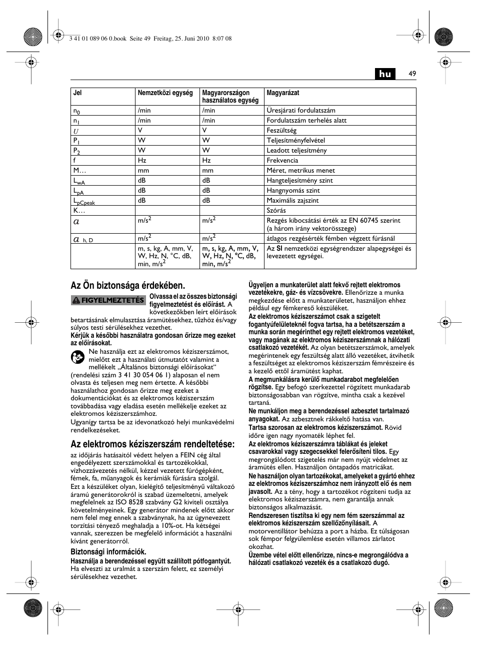 Hu az ön biztonsága érdekében, Az elektromos kéziszerszám rendeltetése | Fein ASzx-648-1 User Manual | Page 49 / 65