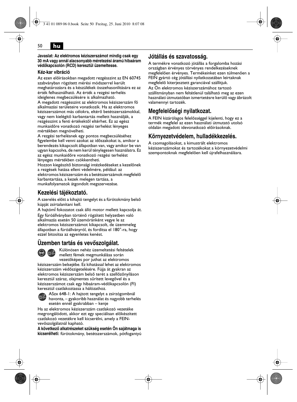 Kezelési tájékoztató, Üzemben tartás és vevœszolgálat, Jótállás és szavatosság | Megfelelœségi nyilatkozat, Környezetvédelem, hulladékkezelés | Fein ASzx-648-1 User Manual | Page 50 / 65