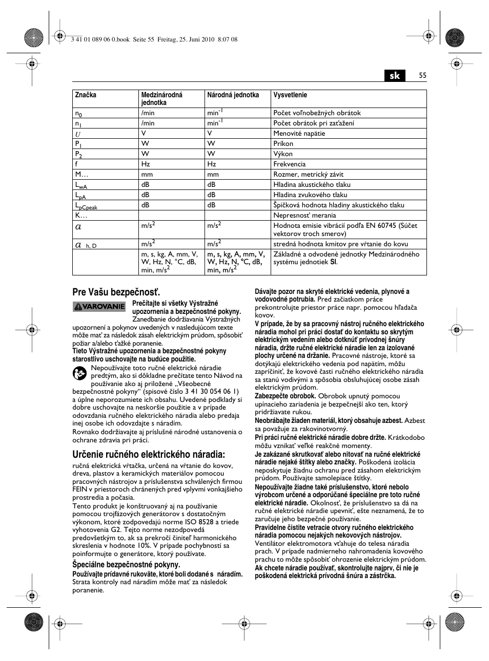 Sk pre va‰u bezpeãnosè, Urãenie ruãného elektrického náradia | Fein ASzx-648-1 User Manual | Page 55 / 65