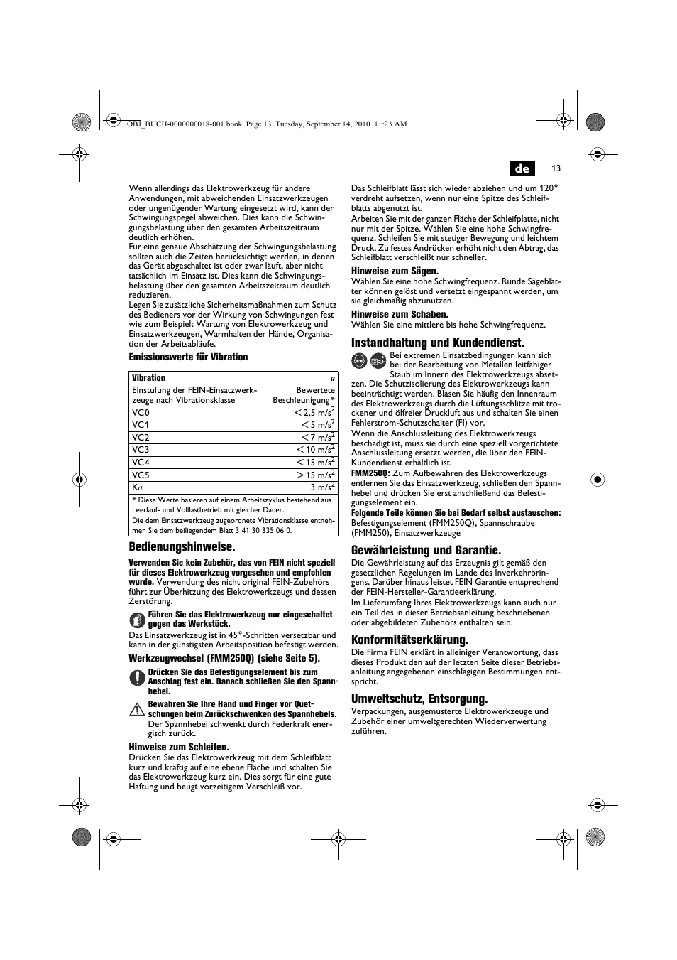 Bedienungshinweise, Instandhaltung und kundendienst, Gewährleistung und garantie | Konformitätserklärung, Umweltschutz, entsorgung | Fein MultiMaster Top Extra User Manual | Page 13 / 120