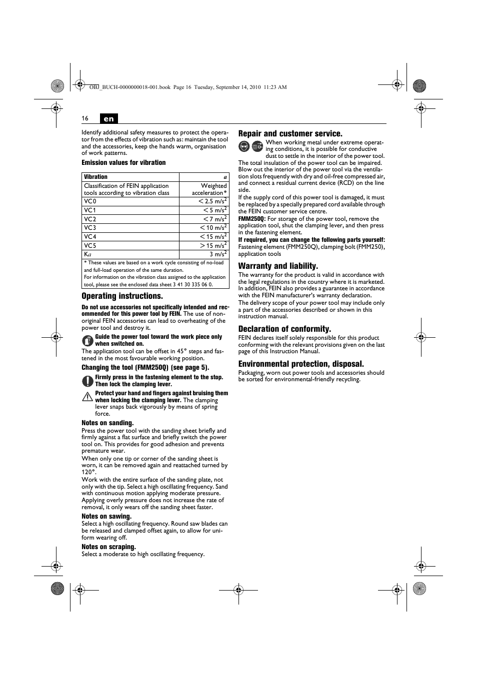 Operating instructions, Repair and customer service, Warranty and liability | Declaration of conformity, Environmental protection, disposal | Fein MultiMaster Top Extra User Manual | Page 16 / 120