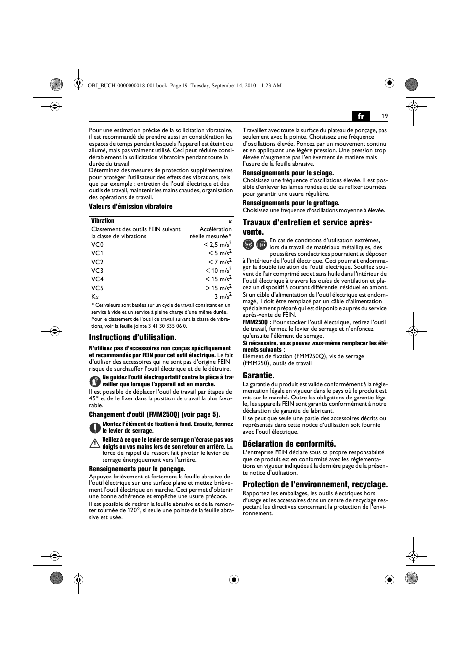 Instructions d’utilisation, Travaux d’entretien et service après- vente, Garantie | Déclaration de conformité, Protection de l’environnement, recyclage | Fein MultiMaster Top Extra User Manual | Page 19 / 120