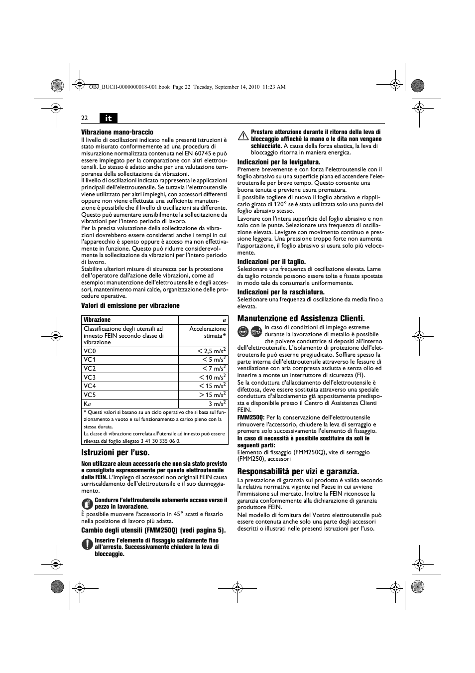Istruzioni per l’uso, Manutenzione ed assistenza clienti, Responsabilità per vizi e garanzia | Fein MultiMaster Top Extra User Manual | Page 22 / 120
