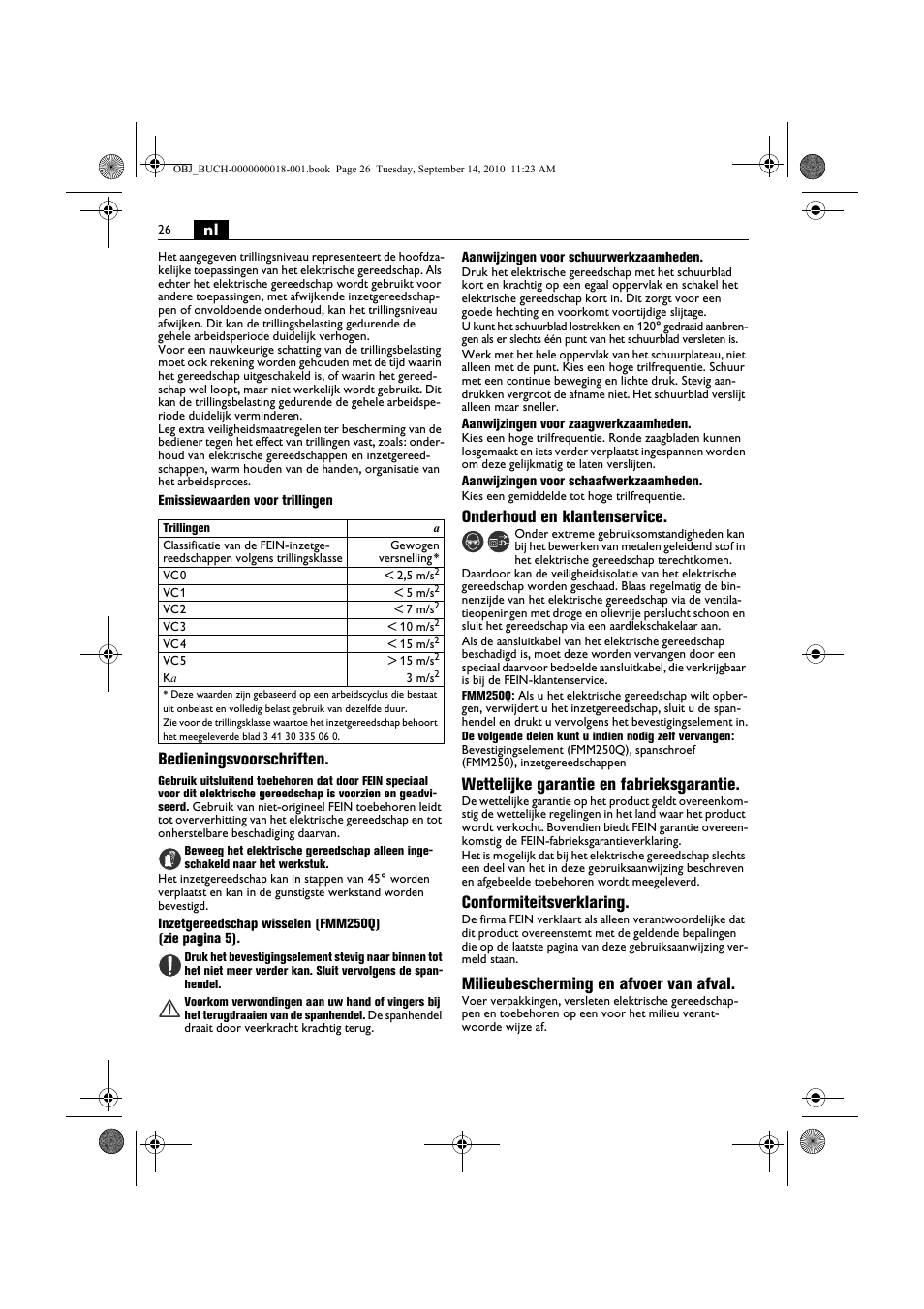 Bedieningsvoorschriften, Onderhoud en klantenservice, Wettelijke garantie en fabrieksgarantie | Conformiteitsverklaring, Milieubescherming en afvoer van afval | Fein MultiMaster Top Extra User Manual | Page 26 / 120