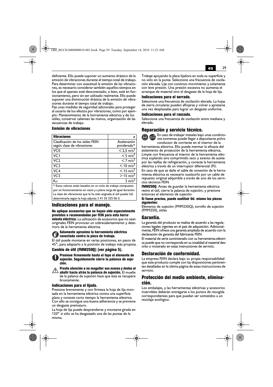 Indicaciones para el manejo, Reparación y servicio técnico, Garantía | Declaración de conformidad, Protección del medio ambiente, elimina- ción | Fein MultiMaster Top Extra User Manual | Page 29 / 120