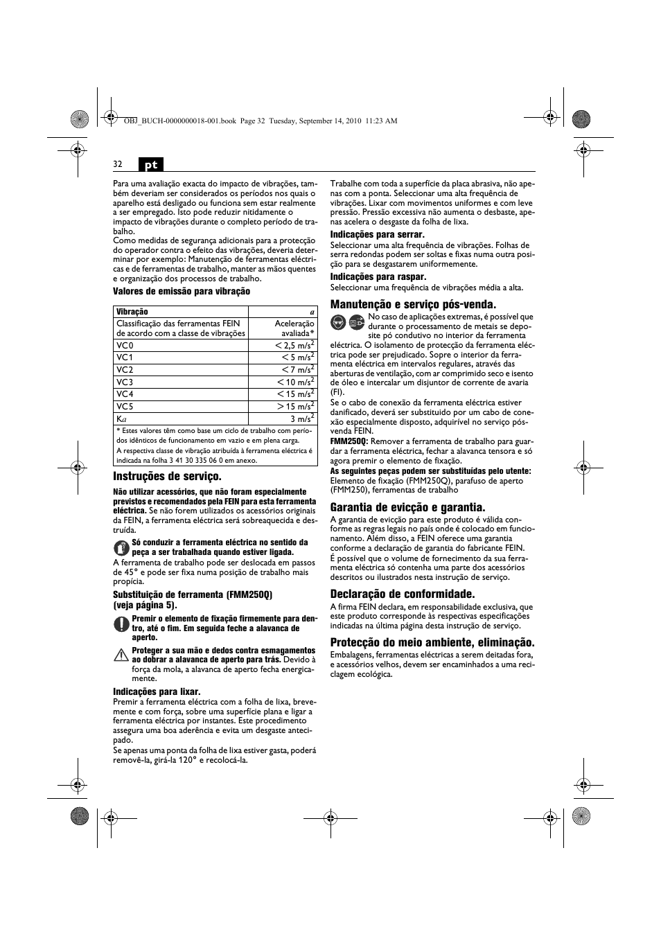 Instruções de serviço, Manutenção e serviço pós-venda, Garantia de evicção e garantia | Declaração de conformidade, Protecção do meio ambiente, eliminação | Fein MultiMaster Top Extra User Manual | Page 32 / 120