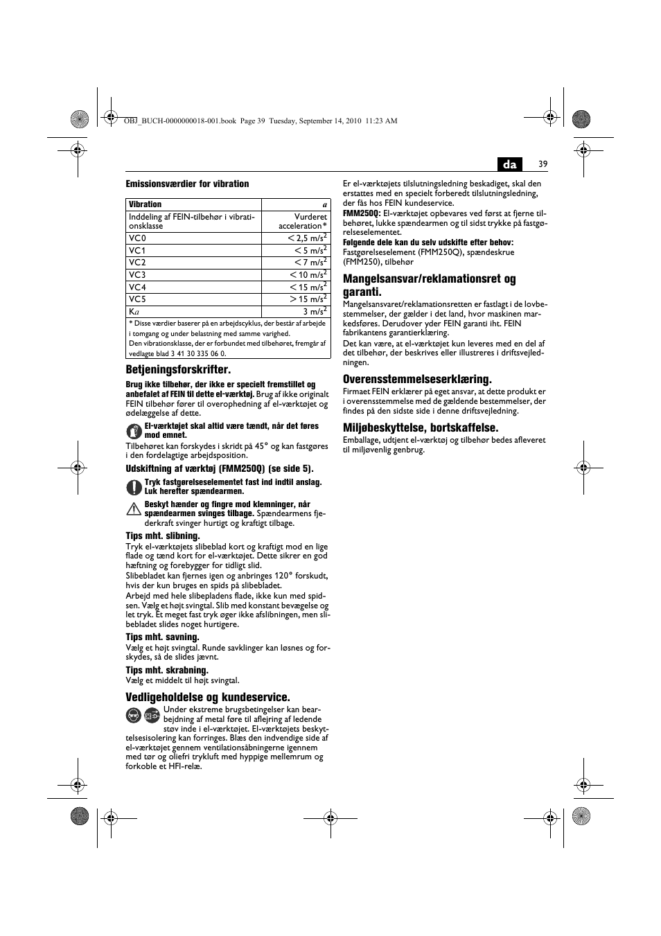 Betjeningsforskrifter, Vedligeholdelse og kundeservice, Mangelsansvar/reklamationsret og garanti | Overensstemmelseserklæring, Miljøbeskyttelse, bortskaffelse | Fein MultiMaster Top Extra User Manual | Page 39 / 120