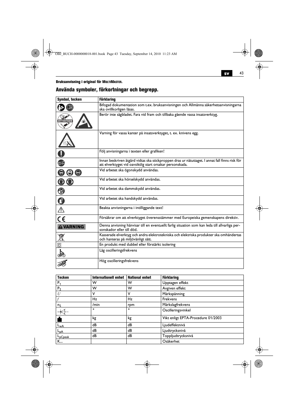 Använda symboler, förkortningar och begrepp | Fein MultiMaster Top Extra User Manual | Page 43 / 120