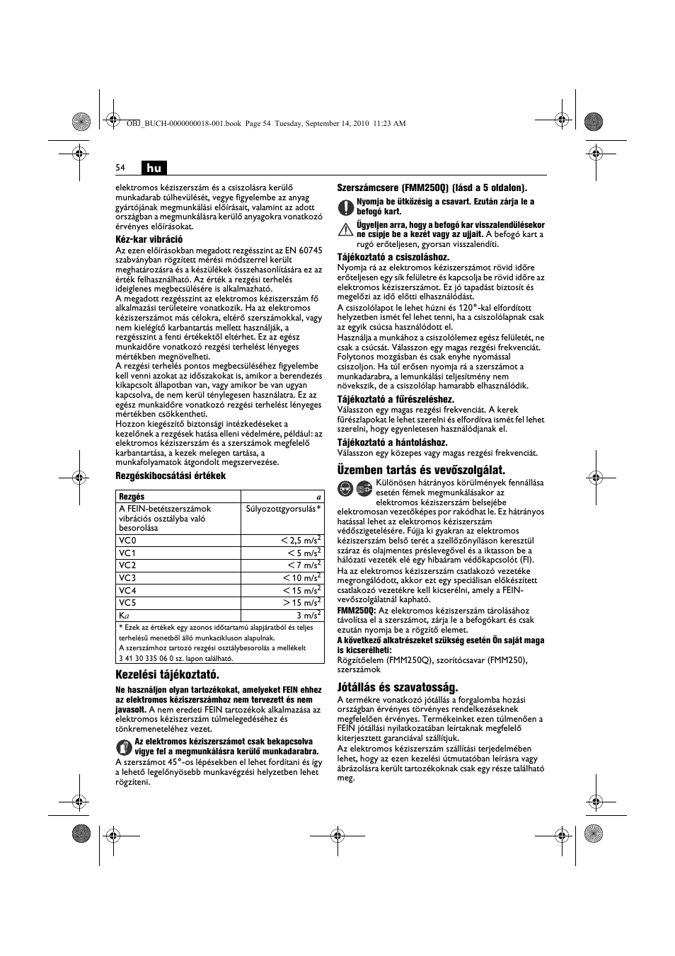 Kezelési tájékoztató, Üzemben tartás és vevőszolgálat, Jótállás és szavatosság | Fein MultiMaster Top Extra User Manual | Page 54 / 120