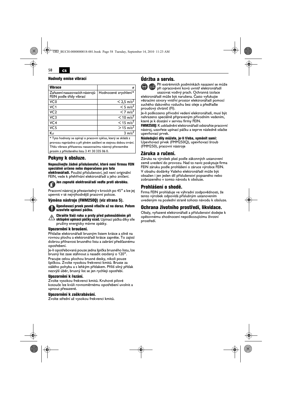 Pokyny k obsluze, Údržba a servis, Záruka a ručení | Prohlášení o shodě, Ochrana životního prostředí, likvidace | Fein MultiMaster Top Extra User Manual | Page 58 / 120