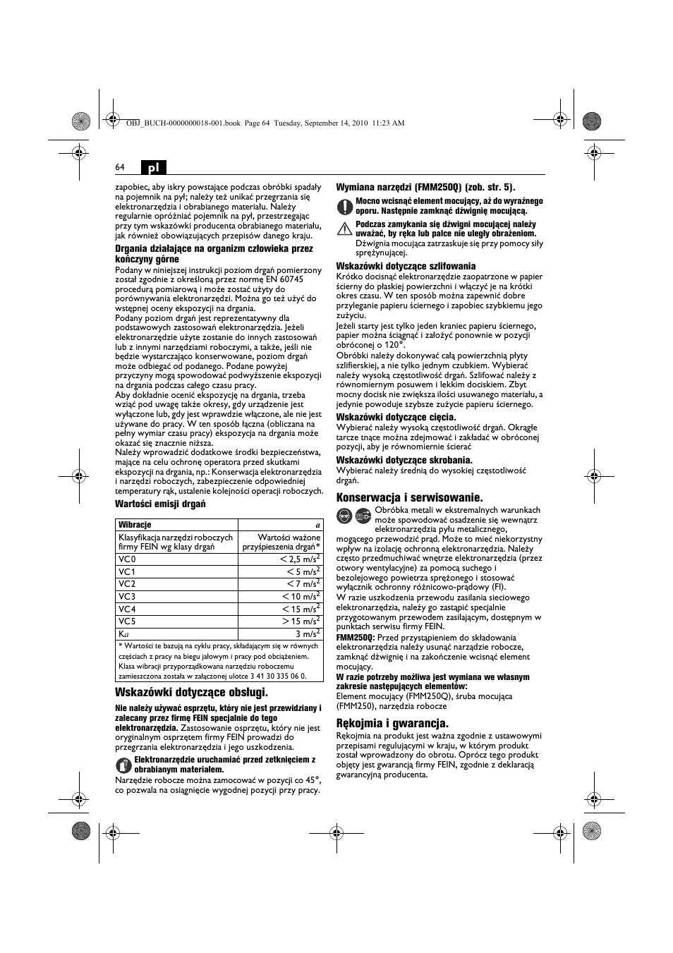 Wskazówki dotyczące obsługi, Konserwacja i serwisowanie, Rękojmia i gwarancja | Fein MultiMaster Top Extra User Manual | Page 64 / 120