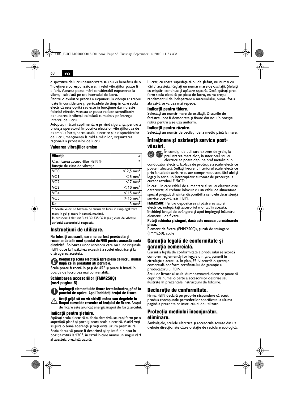 Instrucţiuni de utilizare, Întreţinere şi asistenţă service post- vânzări, Declaraţie de conformitate | Protecţia mediului înconjurător, eliminare | Fein MultiMaster Top Extra User Manual | Page 68 / 120