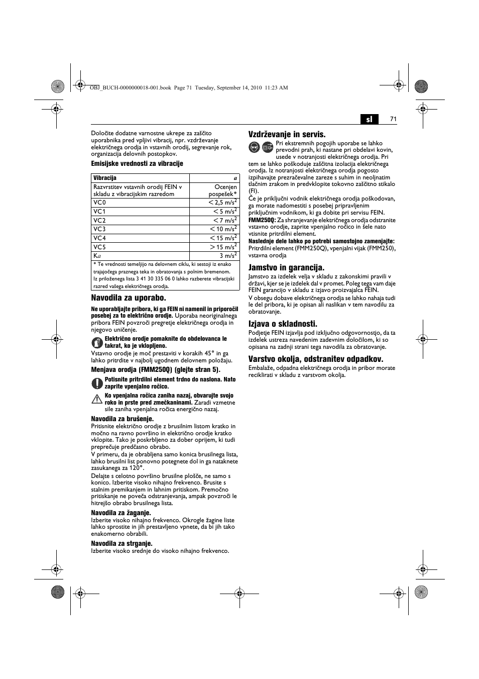 Navodila za uporabo, Vzdrževanje in servis, Jamstvo in garancija | Izjava o skladnosti, Varstvo okolja, odstranitev odpadkov | Fein MultiMaster Top Extra User Manual | Page 71 / 120
