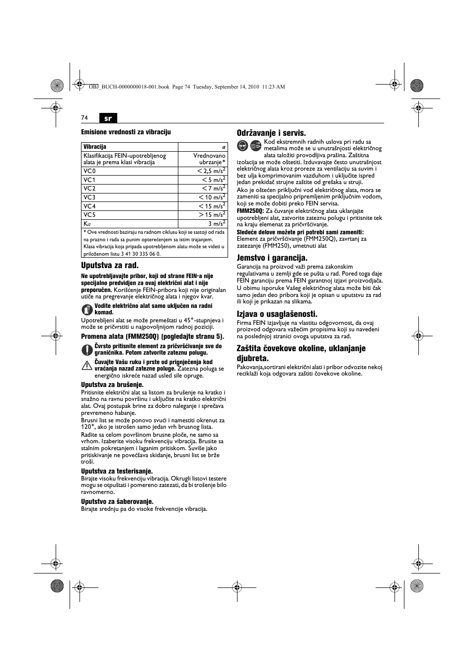 Uputstva za rad, Održavanje i servis, Jemstvo i garancija | Izjava o usaglašenosti, Zaštita čovekove okoline, uklanjanje djubreta | Fein MultiMaster Top Extra User Manual | Page 74 / 120
