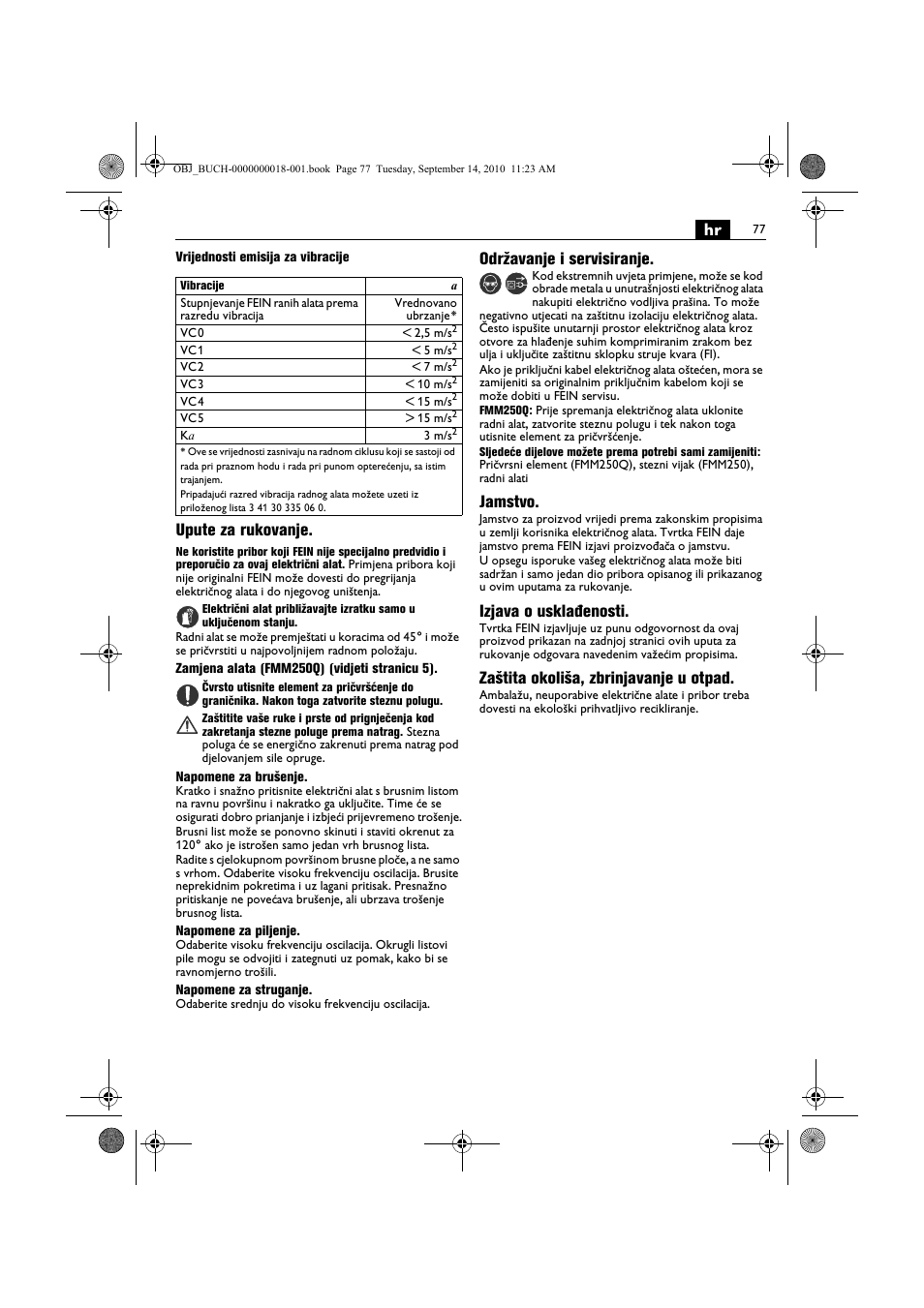 Upute za rukovanje, Održavanje i servisiranje, Jamstvo | Izjava o usklađenosti, Zaštita okoliša, zbrinjavanje u otpad | Fein MultiMaster Top Extra User Manual | Page 77 / 120
