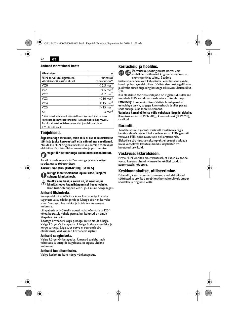 Tööjuhised, Korrashoid ja hooldus, Garantii | Vastavusdeklaratsioon, Keskkonnakaitse, utiliseerimine | Fein MultiMaster Top Extra User Manual | Page 92 / 120