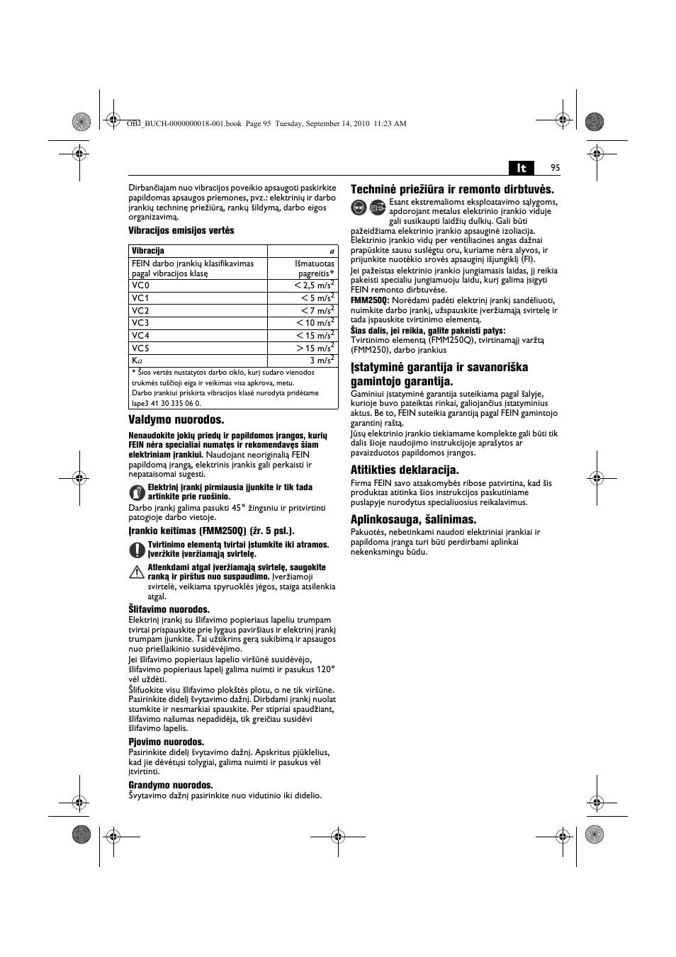 Valdymo nuorodos, Techninė priežiūra ir remonto dirbtuvės, Atitikties deklaracija | Aplinkosauga, šalinimas | Fein MultiMaster Top Extra User Manual | Page 95 / 120