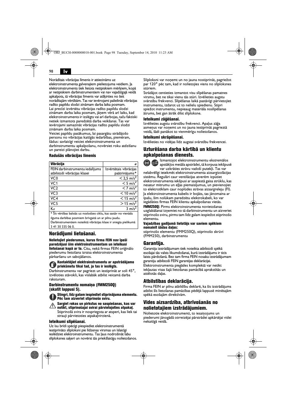 Norādījumi lietošanai, Garantija, Atbilstības deklarācija | Fein MultiMaster Top Extra User Manual | Page 98 / 120