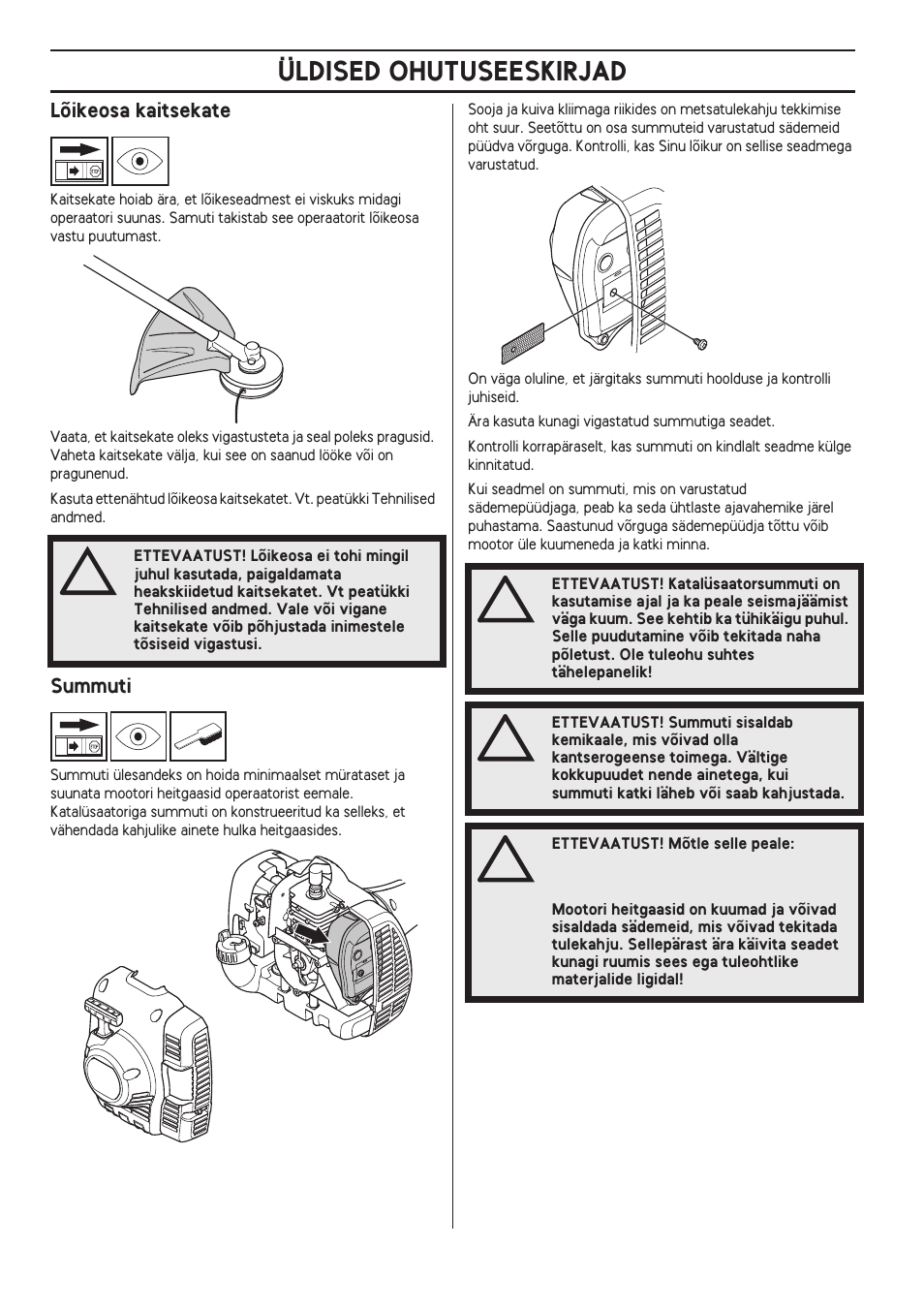 Lõikeosa kaitsekate, Summuti, Üldised ohutuseeskirjad | Husqvarna 122LD User Manual | Page 260 / 642