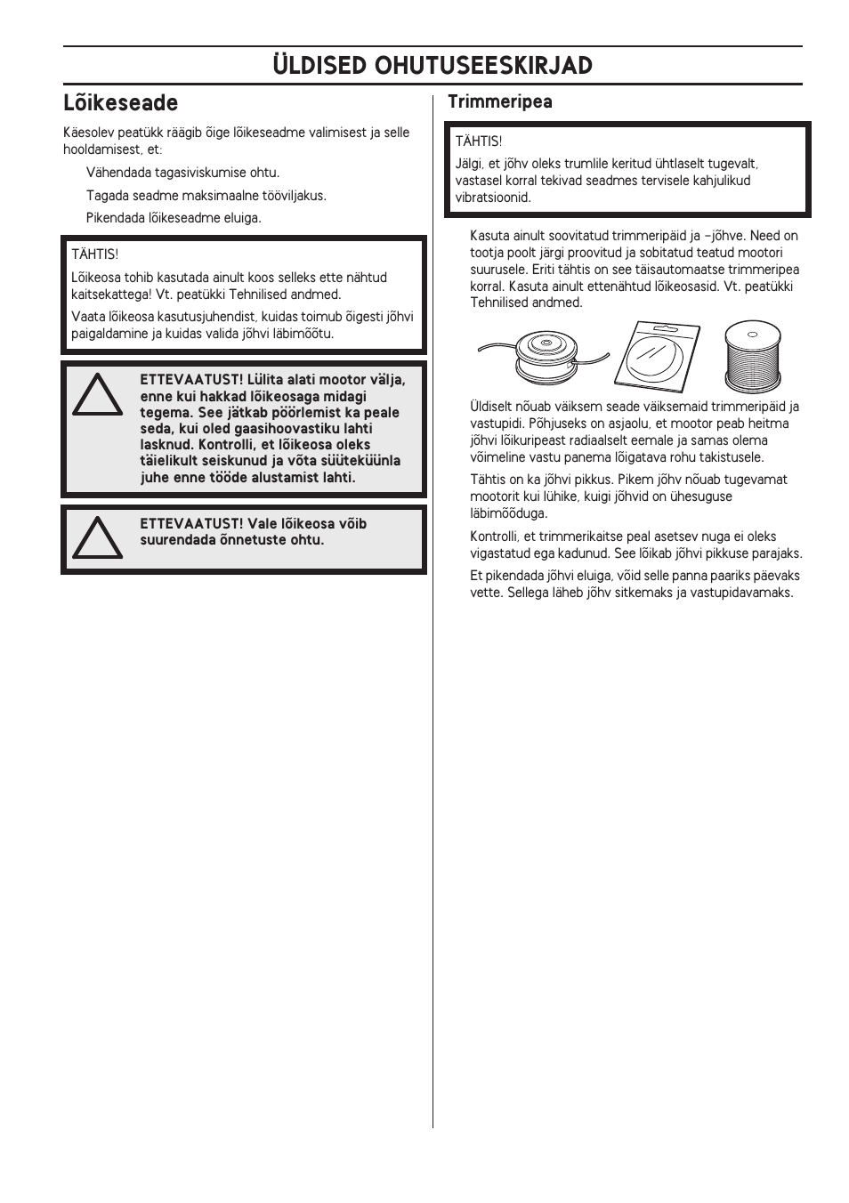 Lõikeseade, Trimmeripea, Üldised ohutuseeskirjad | Husqvarna 122LD User Manual | Page 261 / 642