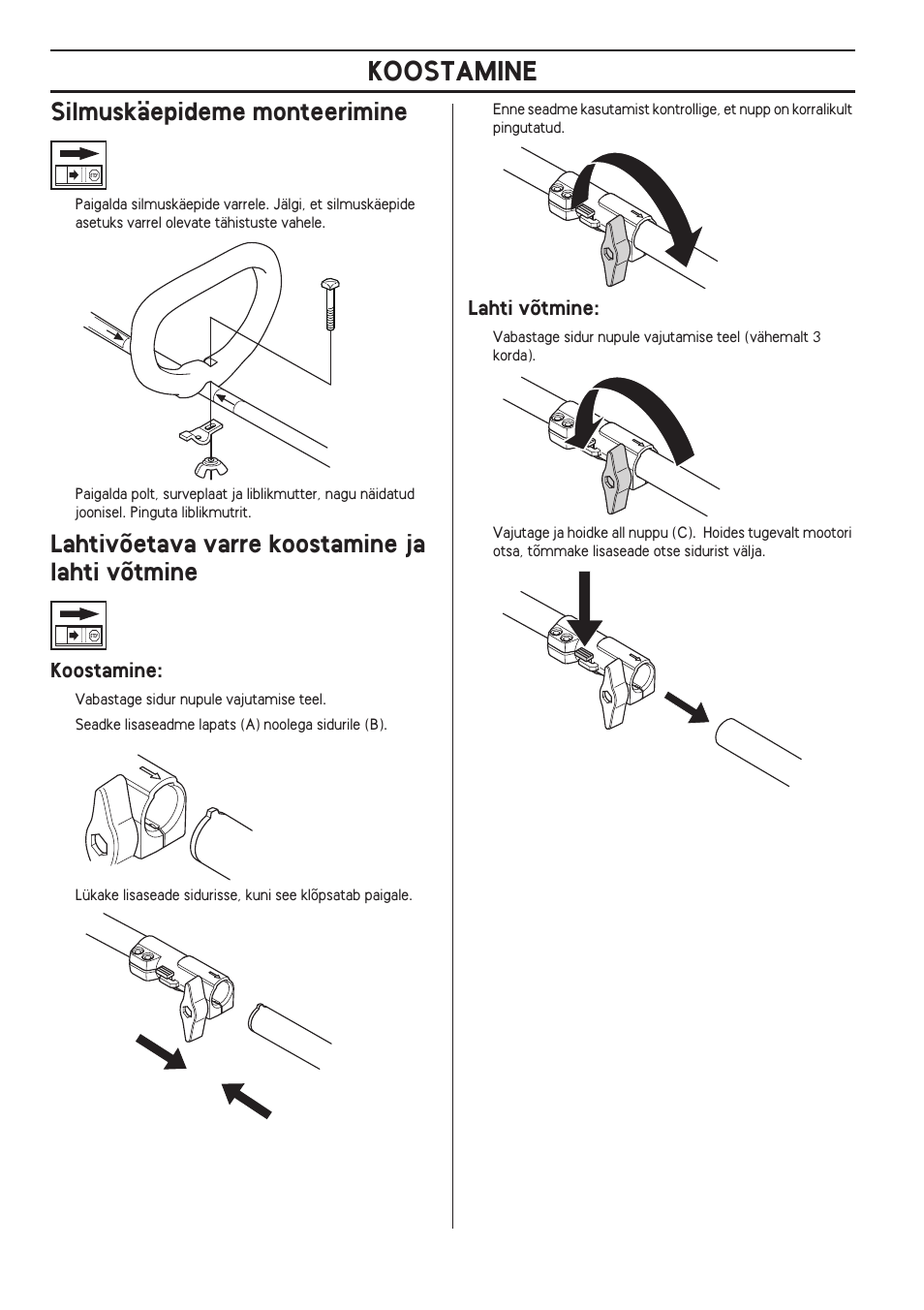 Silmuskäepideme monteerimine, Lahtivõetava varre koostamine ja lahti võtmine, Koostamine | Lahti võtmine | Husqvarna 122LD User Manual | Page 262 / 642