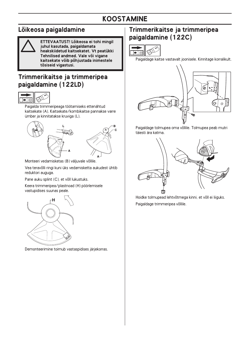 Lõikeosa paigaldamine, Trimmerikaitse ja trimmeripea paigaldamine (122ld), Trimmerikaitse ja trimmeripea paigaldamine (122c) | Koostamine | Husqvarna 122LD User Manual | Page 263 / 642