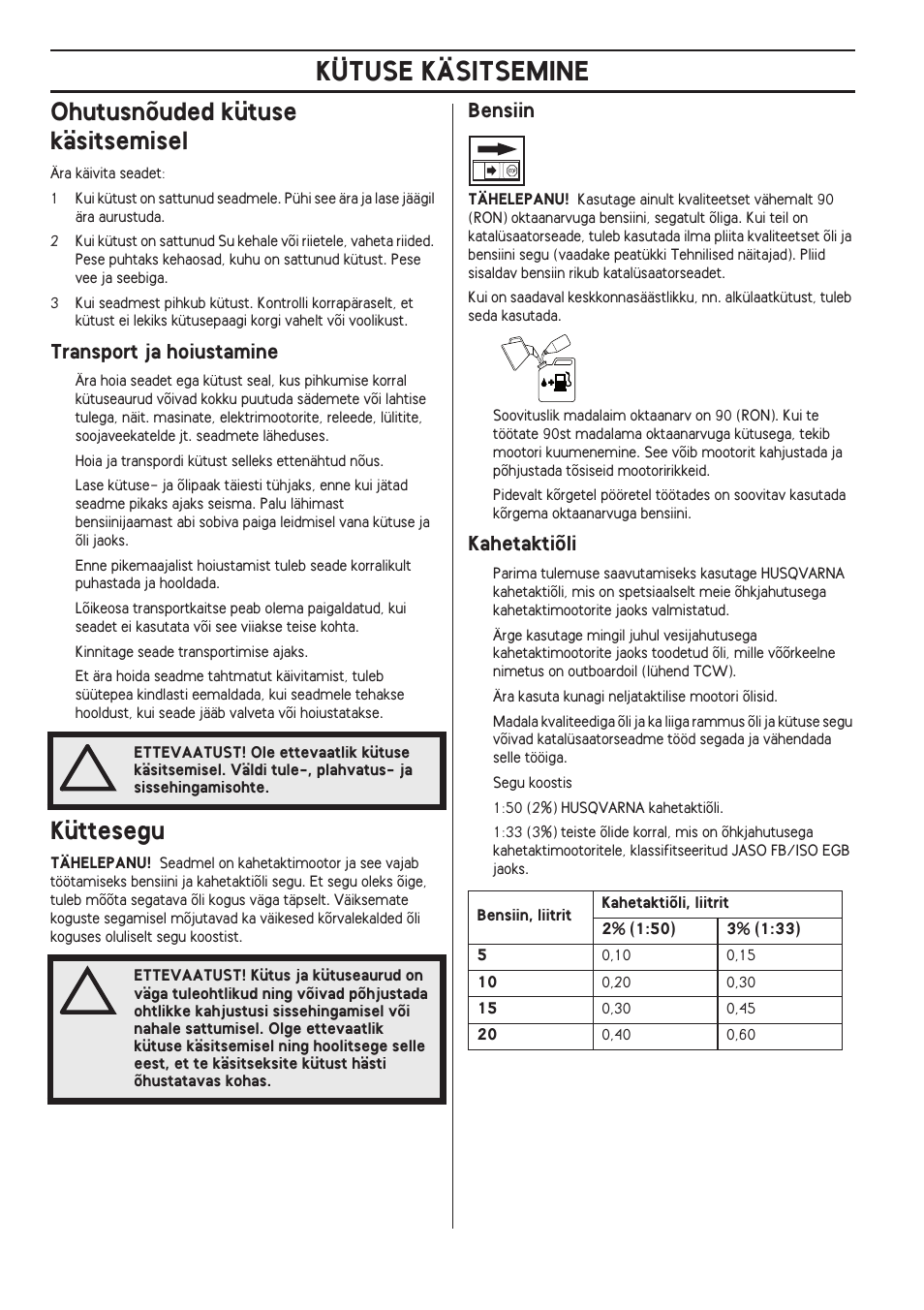 Ohutusnõuded kütuse käsitsemisel, Transport ja hoiustamine, Küttesegu | Bensiin, Kahetaktiõli, Kütuse käsitsemine | Husqvarna 122LD User Manual | Page 264 / 642