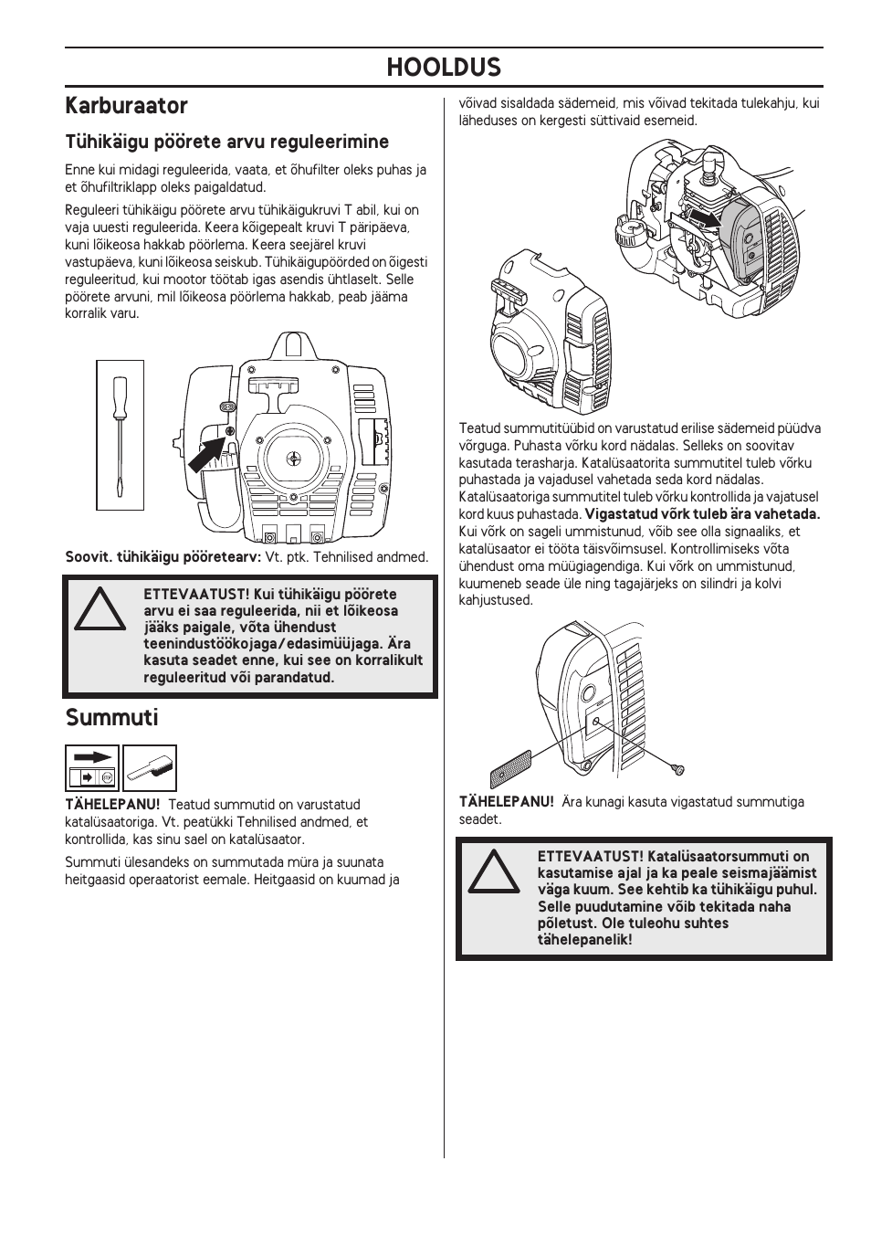 Karburaator, Tühikäigu pöörete arvu reguleerimine, Summuti | Hooldus | Husqvarna 122LD User Manual | Page 269 / 642