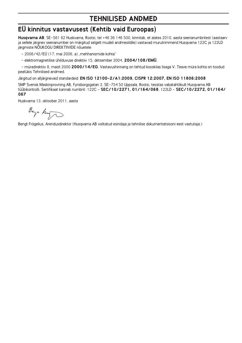 Eü kinnitus vastavusest (kehtib vaid euroopas), Tehnilised andmed | Husqvarna 122LD User Manual | Page 275 / 642