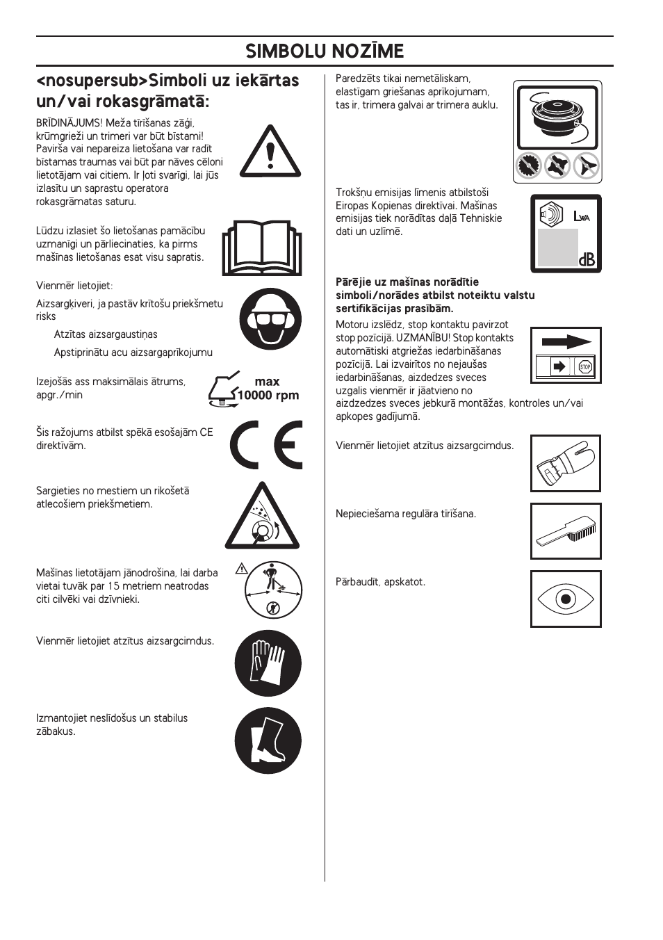 Nosupersub>simboli uz iekçrtas un/vai rokasgrçmatç, Simbolu noz±me | Husqvarna 122LD User Manual | Page 276 / 642