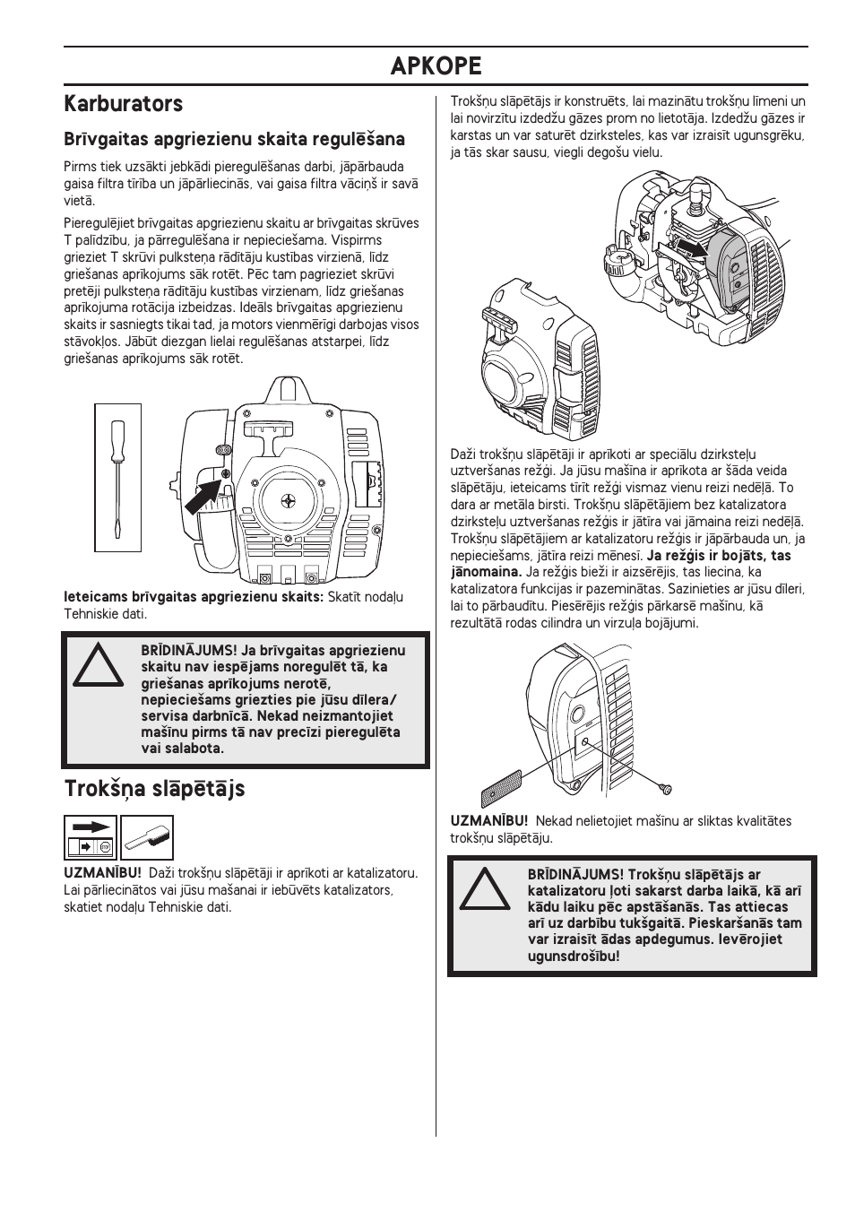 Karburators, Br¥vgaitas apgriezienu skaita regulï‰ana, Trok‰¿a slçpïtçjs | Apkope | Husqvarna 122LD User Manual | Page 291 / 642