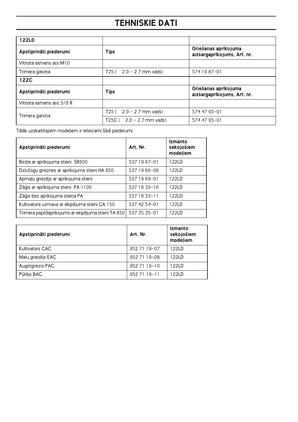 Tehniskie dati | Husqvarna 122LD User Manual | Page 296 / 642