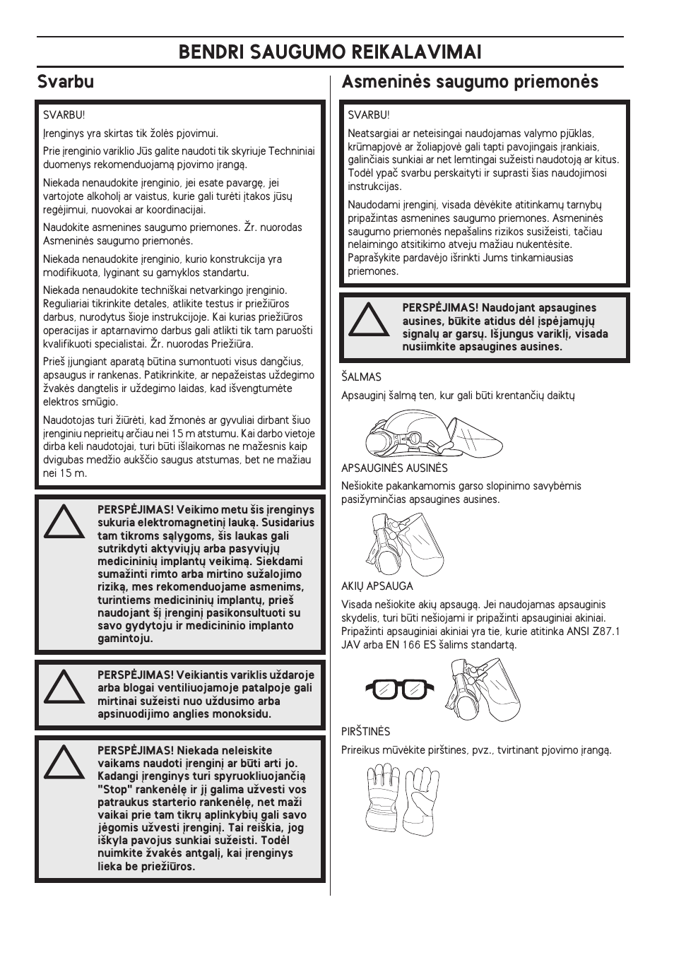 Svarbu, Asmeninòs saugumo priemonòs, Bendri saugumo reikalavimai | Svarbu asmeninòs saugumo priemonòs | Husqvarna 122LD User Manual | Page 302 / 642