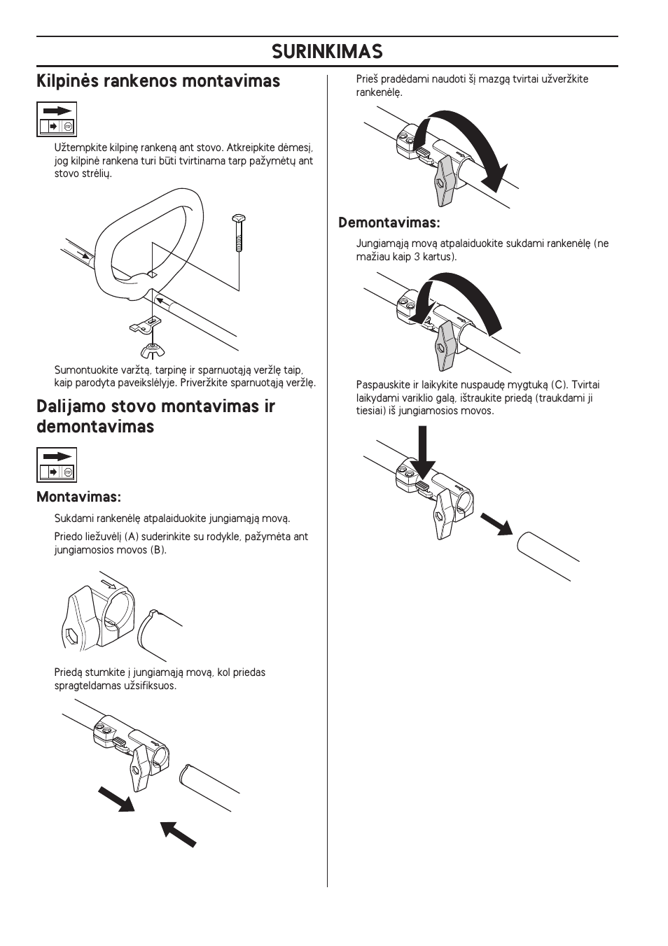 Kilpinòs rankenos montavimas, Dalijamo stovo montavimas ir demontavimas, Montavimas | Demontavimas, Surinkimas | Husqvarna 122LD User Manual | Page 306 / 642