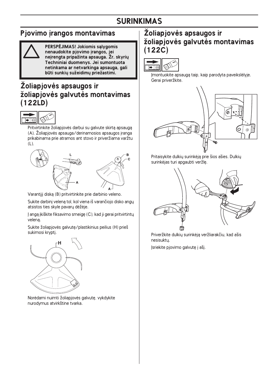 Pjovimo °rangos montavimas, Surinkimas | Husqvarna 122LD User Manual | Page 307 / 642