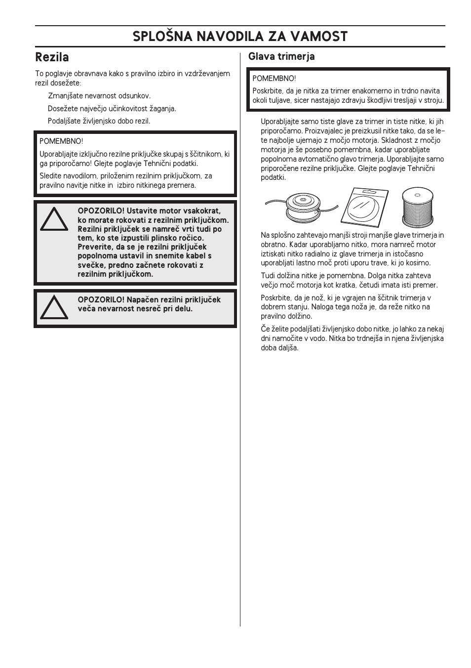 Rezila, Glava trimerja, Splo·na navodila za vamost | Husqvarna 122LD User Manual | Page 327 / 642