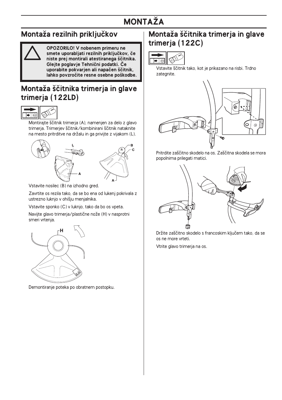 Montaïa rezilnih prikljuãkov, Montaïa ‰ãitnika trimerja in glave trimerja (122c), Montaîa | Husqvarna 122LD User Manual | Page 329 / 642