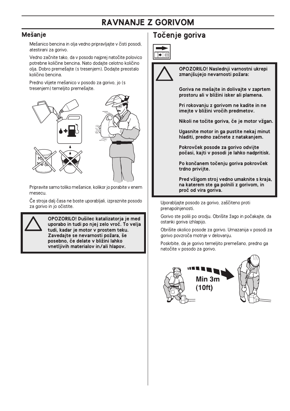 Me‰anje, Toãenje goriva, Ravnanje z gorivom | Husqvarna 122LD User Manual | Page 331 / 642