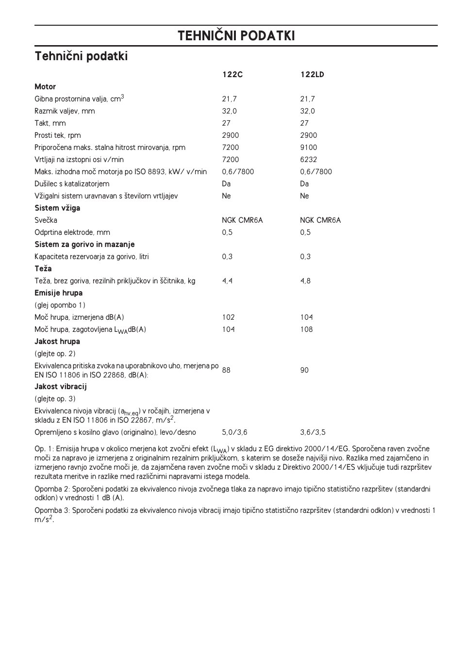 Tehniãni podatki, Tehniâni podatki | Husqvarna 122LD User Manual | Page 339 / 642