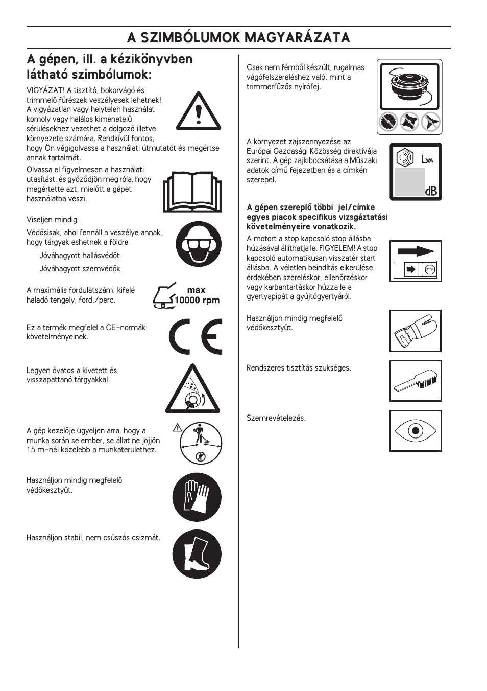 A gépen, ill. a kézikönyvben látható szimbólumok, A szimbólumok magyarázata | Husqvarna 122LD User Manual | Page 342 / 642